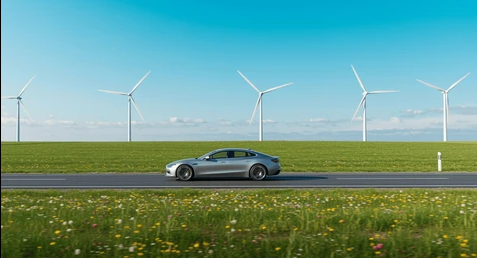 a modern car driving on a scenic road, symbolizing savings and freedom